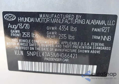 2021 Hyundai Sonata Sel из США, поврежденный, VIN 5NPEL4JA5MH066421